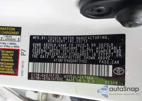 2013 Toyota Camry Se from USA, damaged, VIN 4T1BF1FK6DU673102